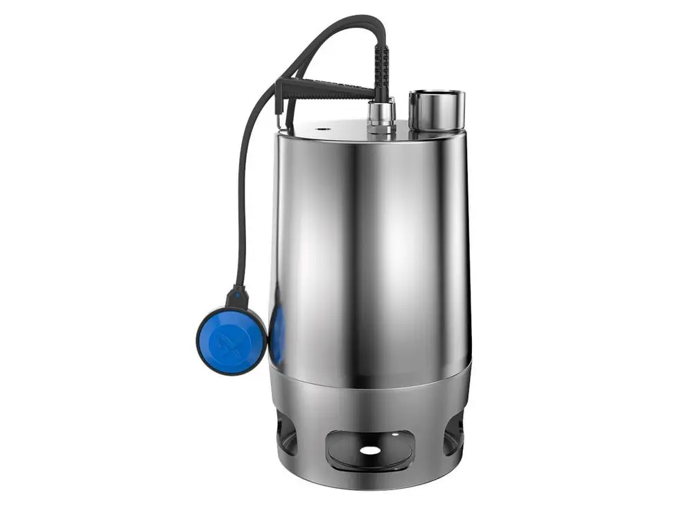 Edelstahl Tauchmotorpumpe von Grundfos mit Kühlmantel und Schlauchanschluss, geeignet für Schmutzwasseranwendungen. Anschluss für Steuer- und Stromkabel erkenntlich.